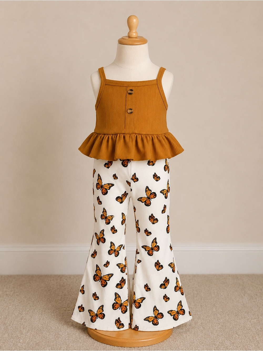 SHEIN Mustard Ruffle Tank Top with White Butterfly Flare Pants Kids Set